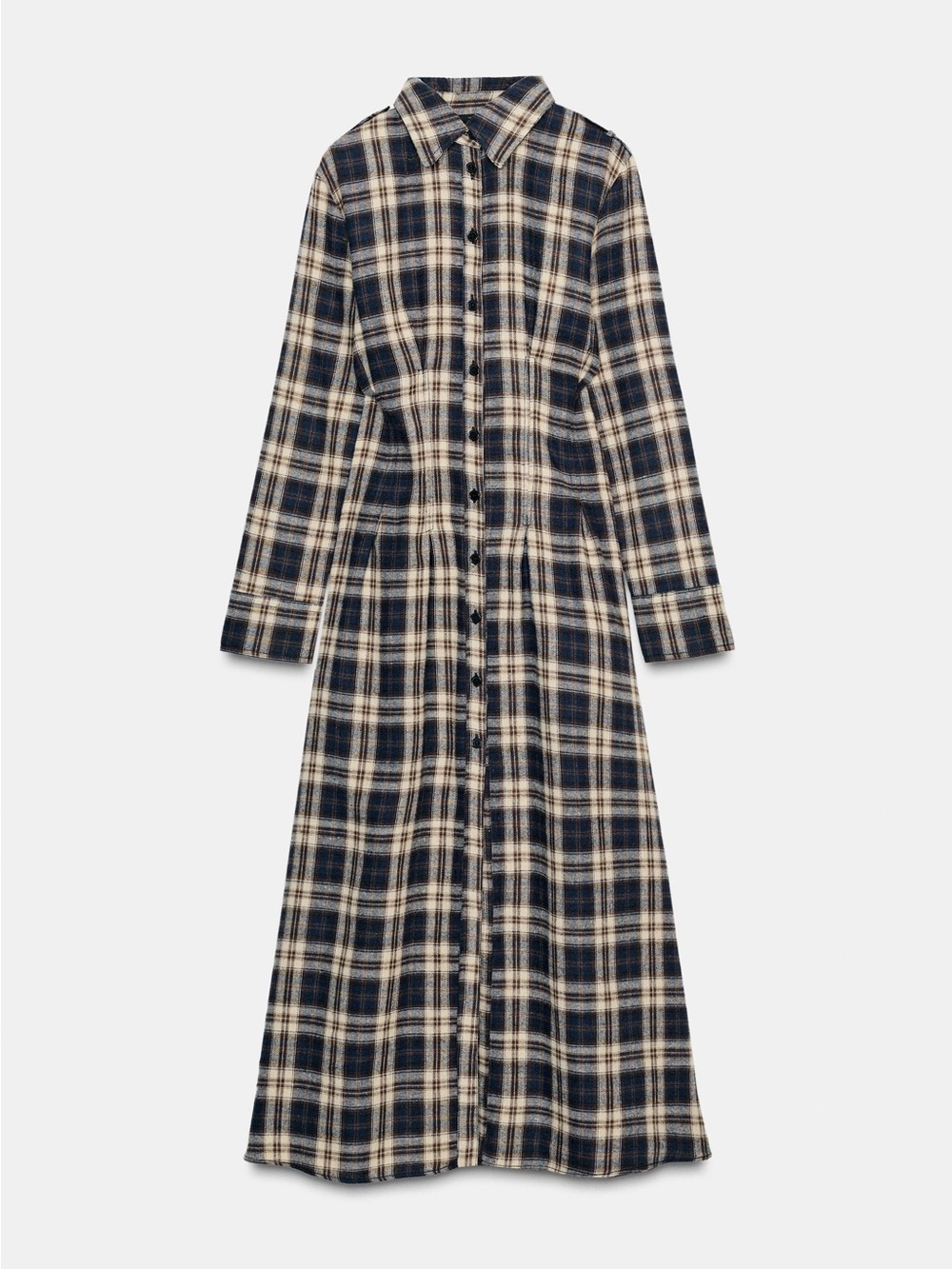 NWT ZARA Plaid Button-Front Maxi Shirt Dress in Navy and Cream